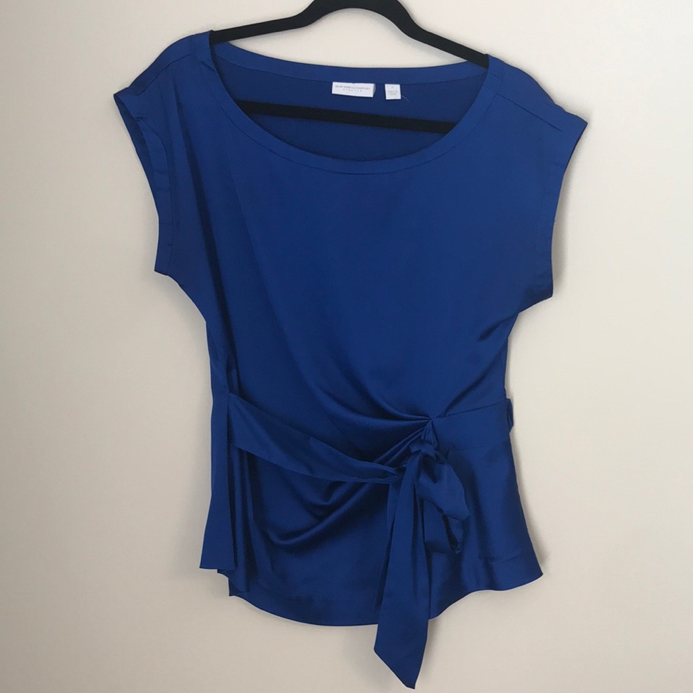 Royal blue short sleeve shirt front tie satiny